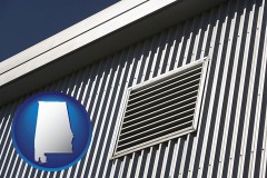 alabama map icon and metal-clad building architectural details