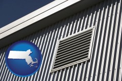massachusetts map icon and metal-clad building architectural details