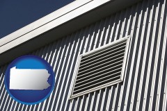 pennsylvania map icon and metal-clad building architectural details