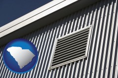 south-carolina map icon and metal-clad building architectural details