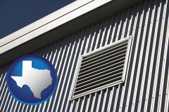 texas map icon and metal-clad building architectural details