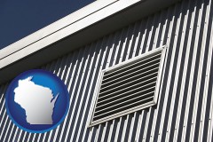 wisconsin map icon and metal-clad building architectural details